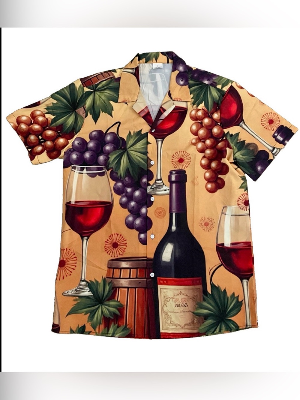 Retro RED WINE and Grapes Print Casual Button Down Short Size Large